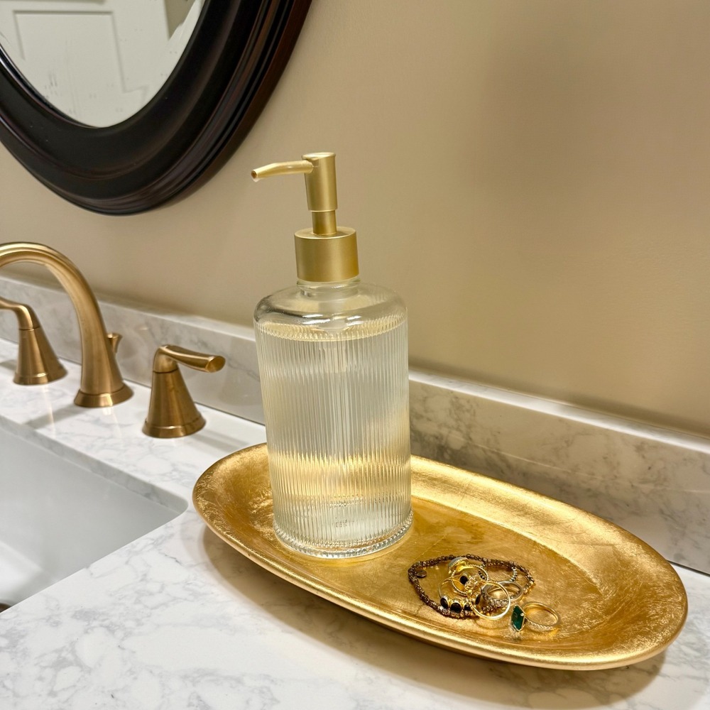Croscill Home Gold Leaf Ceramic Tray Vanity Catchall 12" Oval Bathroom Decor